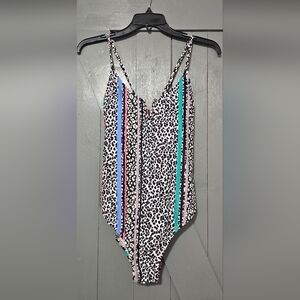Jessica Simpson White Leopard Print Cami with Pink, Blue & Teal Stripes